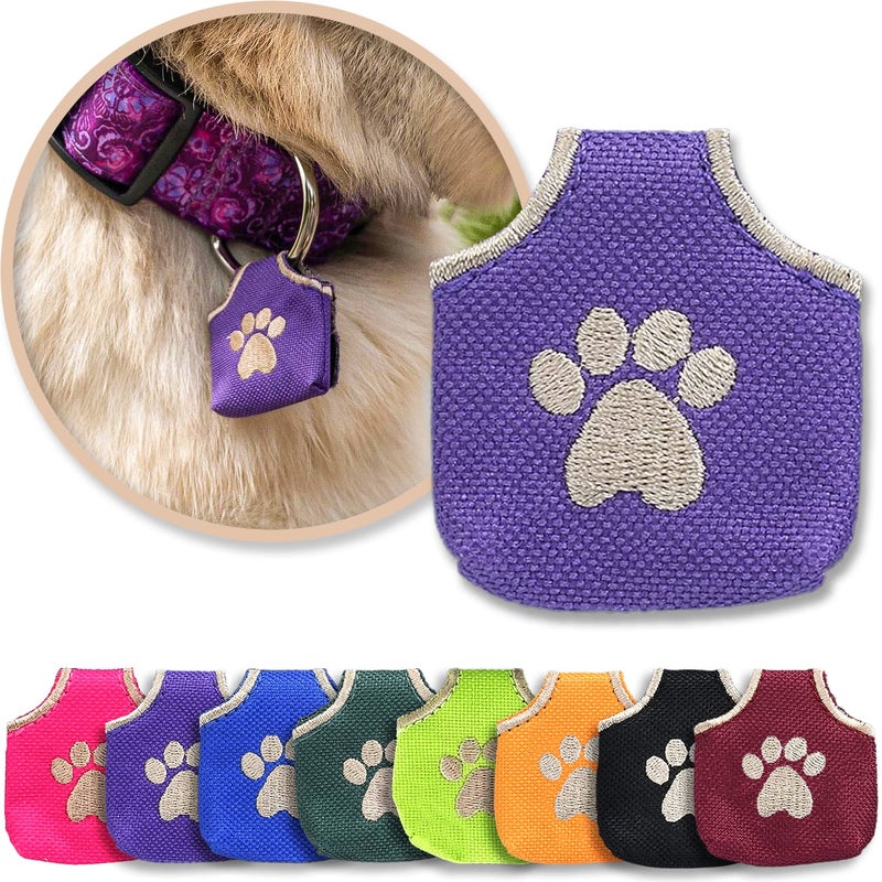 Woofhoof Dog Tag Silencer, Purple Pawprint - Quiet Noisy Pet Tags - Fits Up to Four Pet IDs - Dog Tag Cover Protects Metal Pet IDs, Made of Durable Nylon, Universal Fit, Machine Washable - Image 1